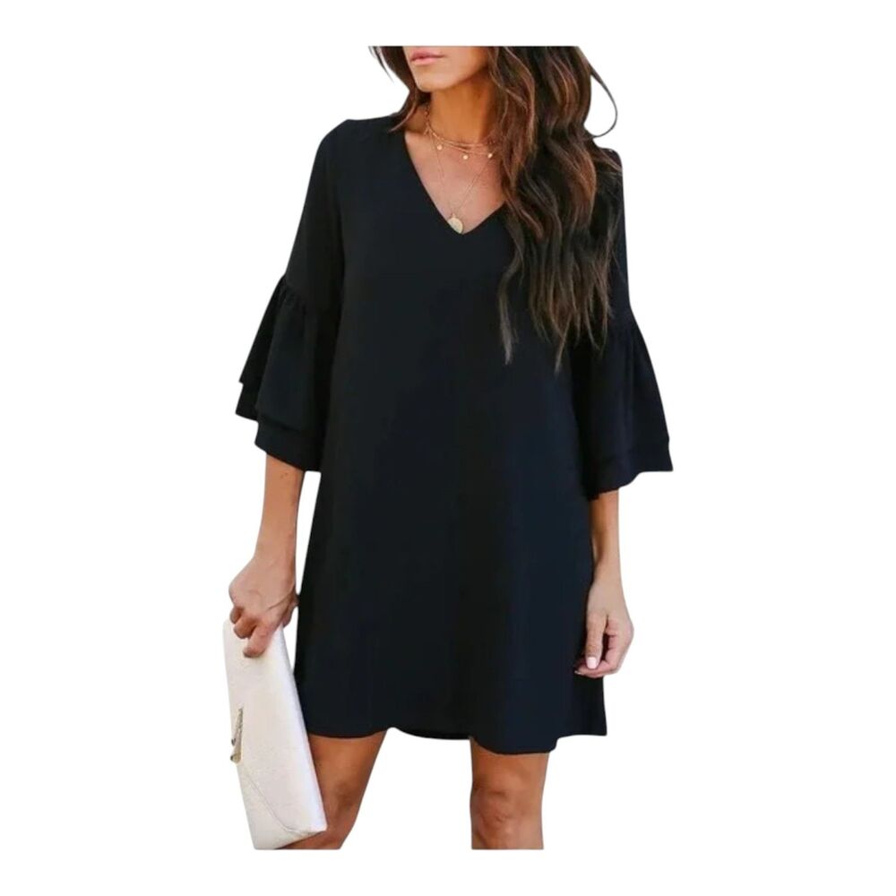 Belongsci V Neck Bell Sleeve Shift Dress Women's Small Black Modern Boho New